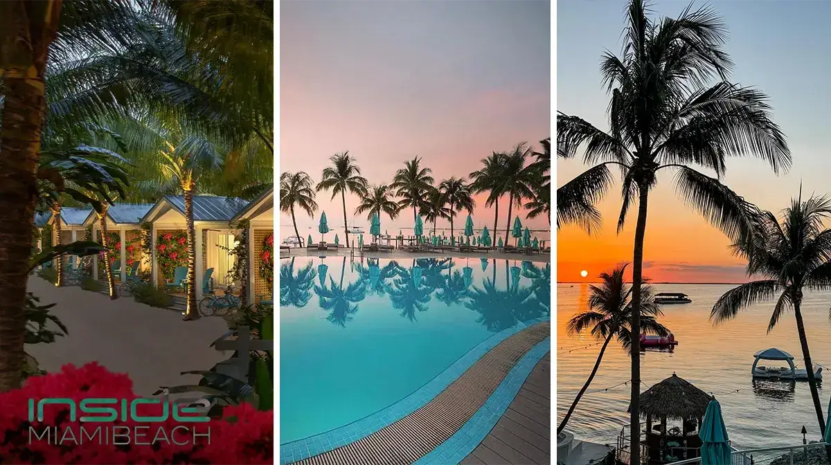 Triptych of Miami Beach scenes: a pathway lined with charming bungalows and vibrant flowers, a serene swimming pool reflecting palm trees at sunset, and a picturesque oceanfront with palm trees silhouetted against a colorful sky.