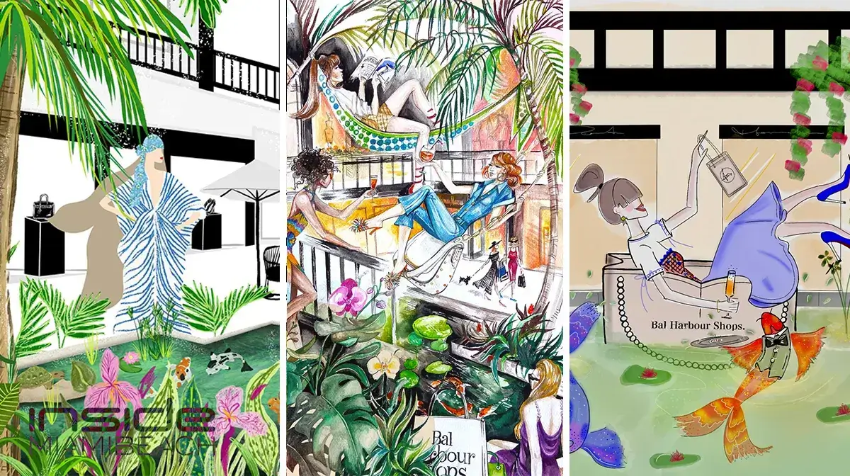Three colorful, whimsical illustrations show women relaxing in luxurious outdoor settings surrounded by lush plants, water, and koi fish, inspired by Bal Harbour mall. Each scene is vibrant and filled with fashion and leisure.