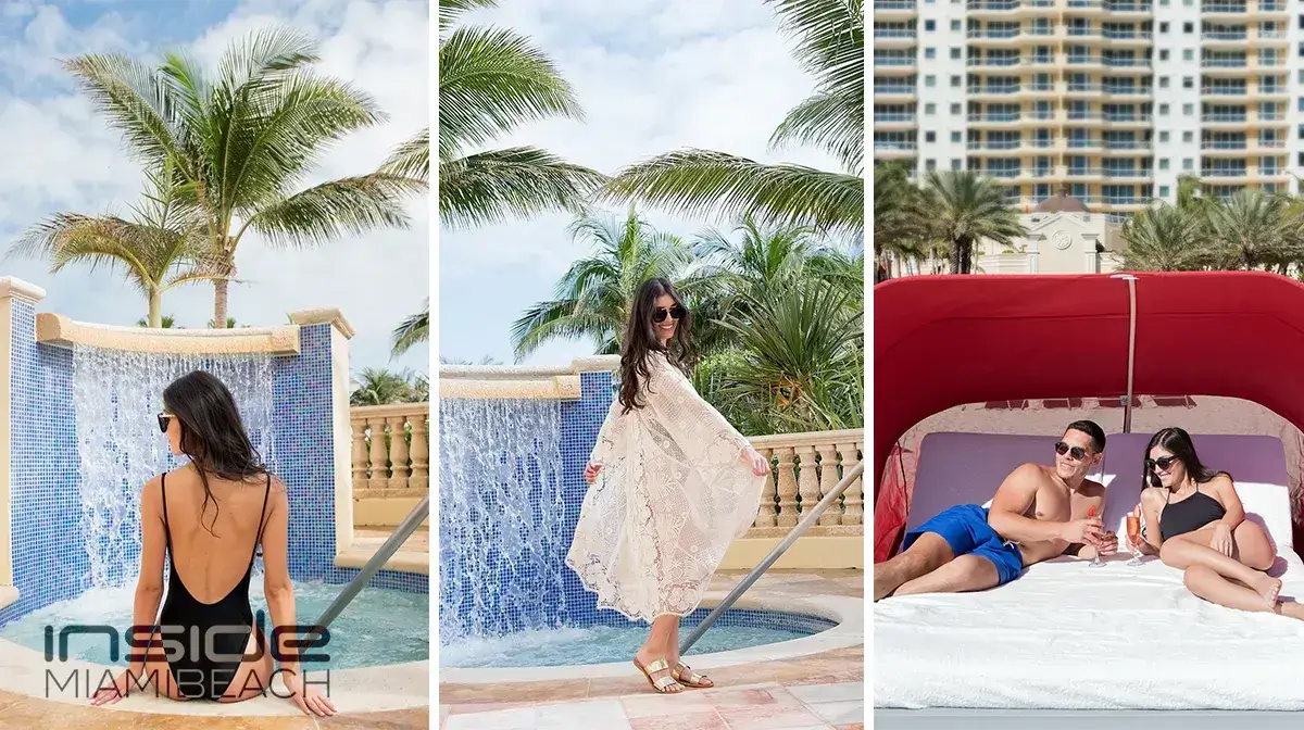 A woman in a black swimsuit relaxes in a jacuzzi with a waterfall feature, while another woman in a white cover-up poses by the pool. A couple enjoys drinks at a cabana in Miami Beach.