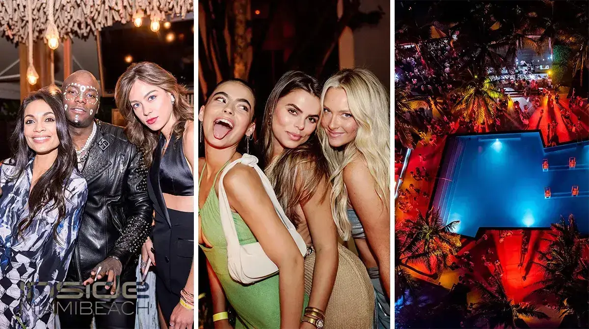 Three party scenes at W South Beach: guests posing at a nightlife event, friends smiling together at night, and an aerial view of the glowing pool party from above