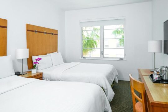 Bright hotel room with two queen beds, white linens, wooden headboards, and a window overlooking palm trees. A desk with a lamp and chair is visible.