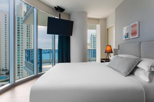 Modern hotel bedroom with a large bed, a wall-mounted TV, and floor-to-ceiling windows offering a panoramic view of a city skyline and ocean.