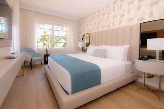 A modern hotel bedroom with a king-size bed featuring a teal throw blanket, a padded headboard, and a tropical view through the window.