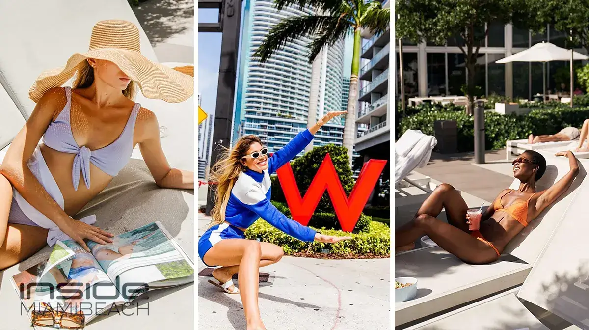 Three women relax in stylish swimsuits: one reads by a pool, another poses outdoors by the iconic red W Miami sculpture, and a third lounges on a sun chair beside the pool, all set against sunny, modern Miami backdrops.