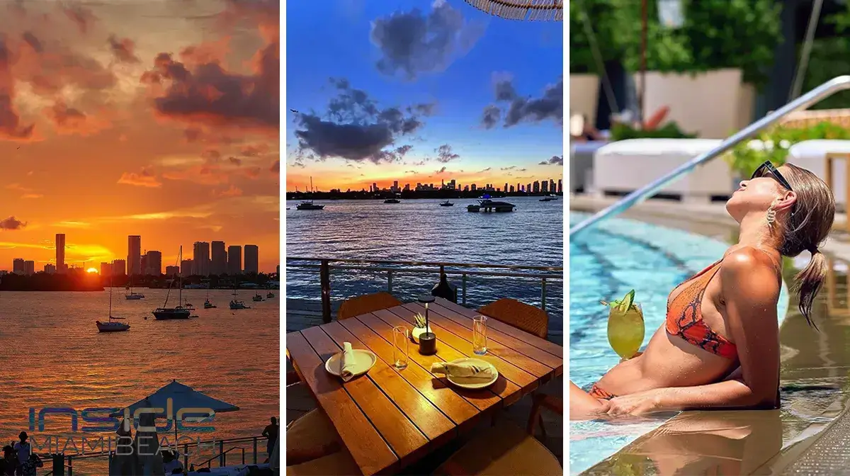 Miami Beach sunset over the bay with sailboats, a waterfront restaurant dining table set for dinner, and a woman in a bikini relaxing by a pool.