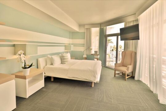 Modern hotel room with a king-size bed, minimalist decor, and a large window overlooking a tropical balcony.