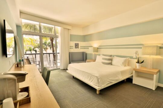 A modern hotel room with a king-size bed, light blue and white striped walls, and a large window overlooking palm trees.