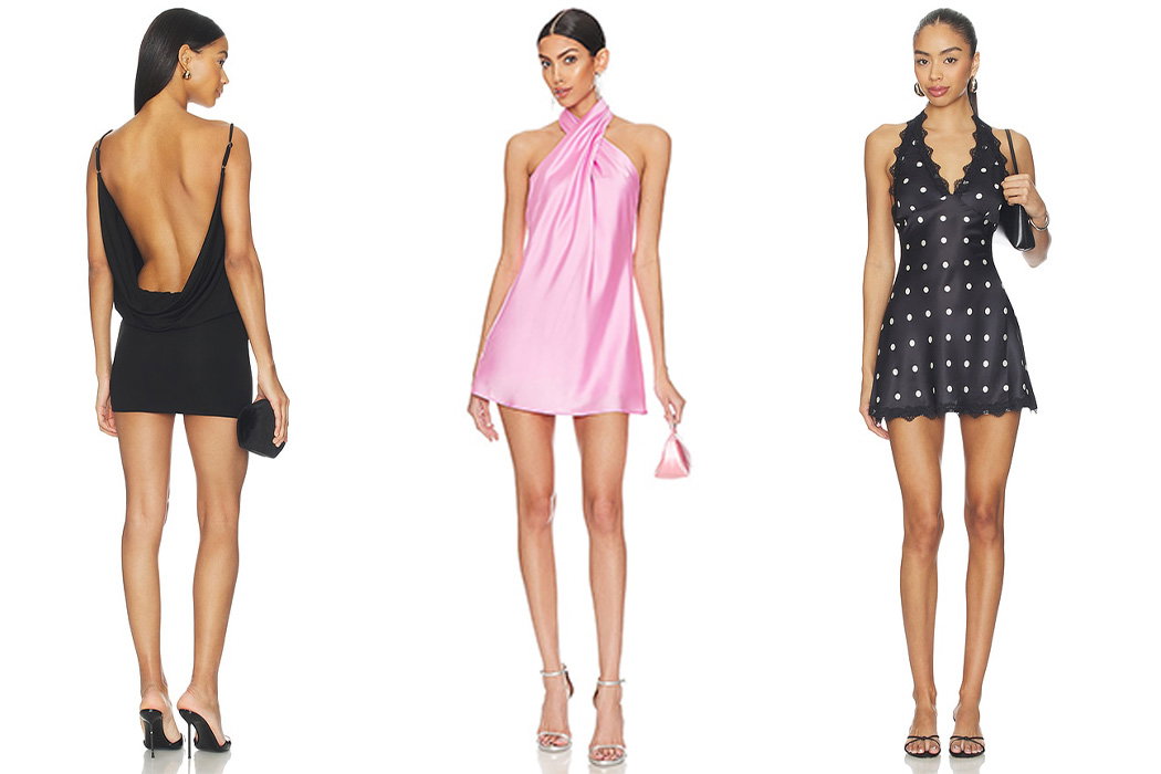 Three women model short, stylish dresses: a black cowl-neck mini dress, a pink halter mini dress, and a black polka dot mini dress with a scalloped hem.
