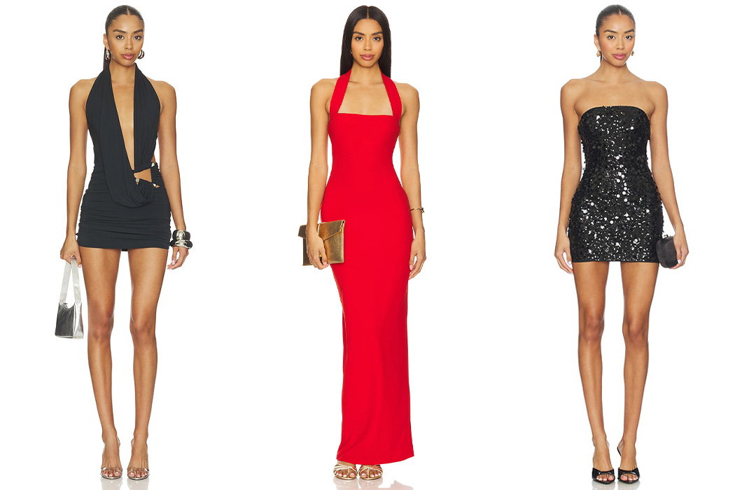 Three women in stylish evening dresses: a black halter dress with cutouts, a red floor-length halter gown, and a black sequined strapless mini dress, posing against a white background.