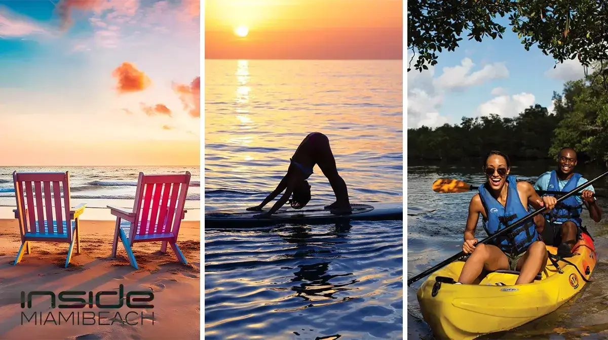 Three Sunny Isles Beach scenes: beach chairs at sunset, a woman doing yoga on a paddleboard, and a couple kayaking through mangroves