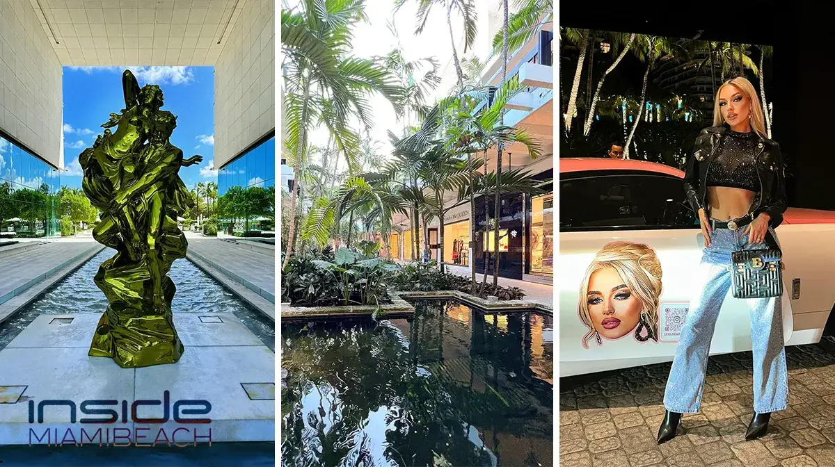 A collage with a green sculpture outside, palm trees near a pond at Bal Harbour Mall, and a stylish woman posing by a car with her portrait on the door at night.