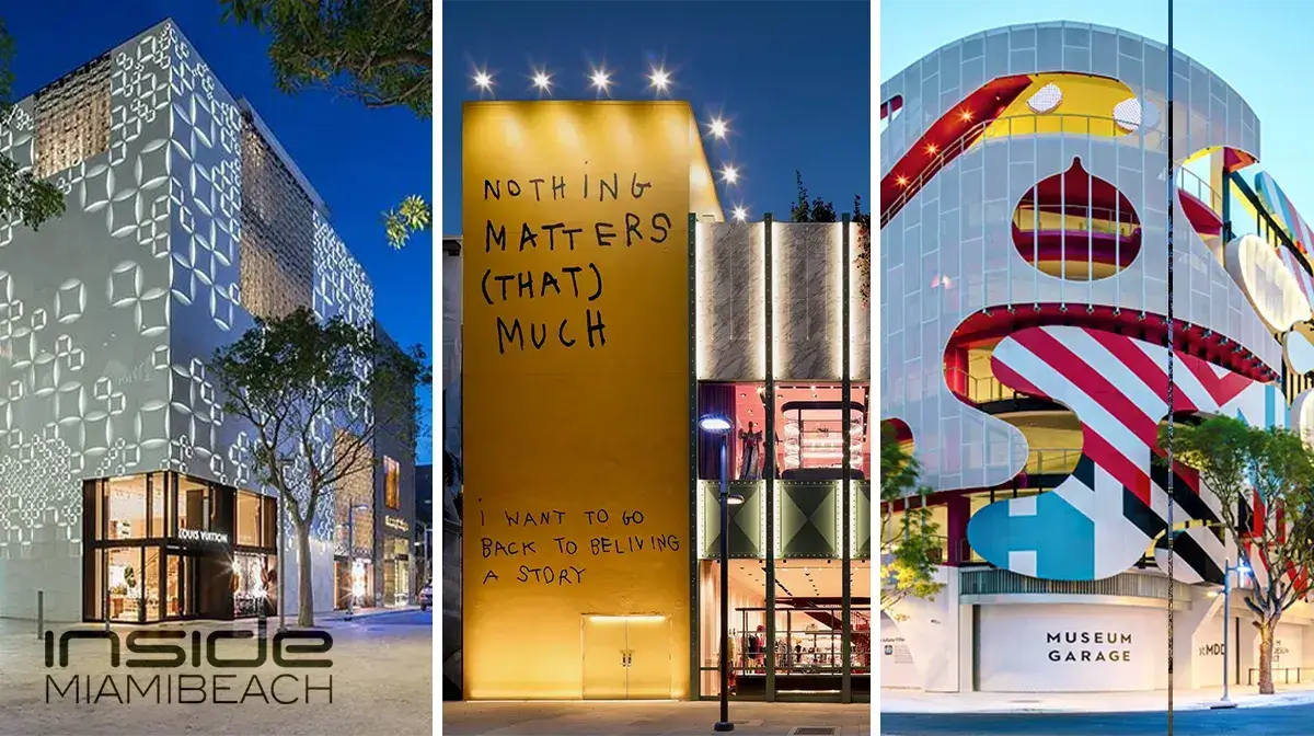 Three Miami Design District buildings: a patterned facade with Louis Vuitton store, a mural reading "Nothing Matters (That) Much," and the colorful striped Museum Garage