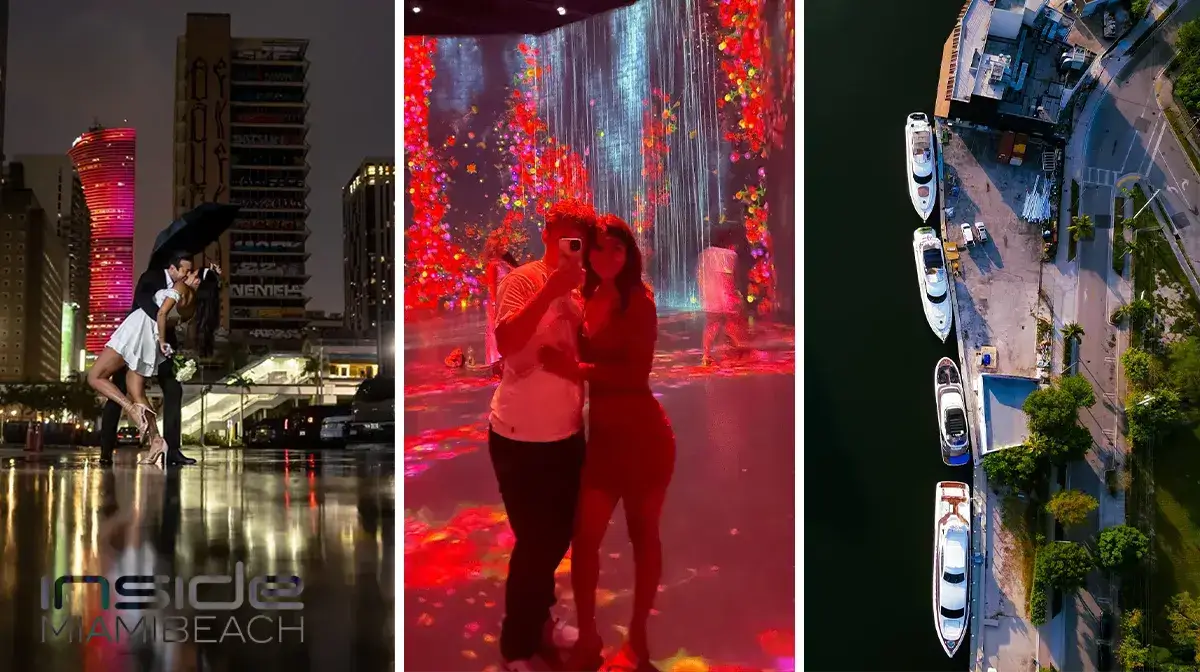 A collage shows a couple dancing in the rain in Downtown Miami, a couple standing in a colorful immersive art space, and an aerial view of yachts docked by a waterfront park.
