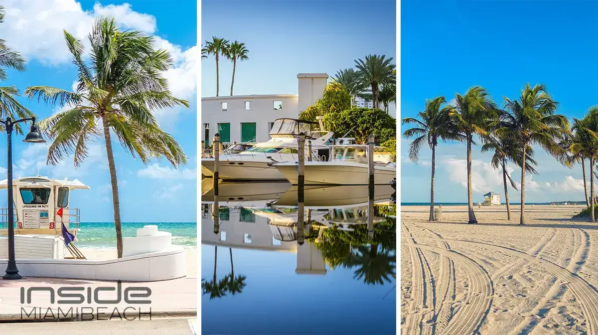 Three Miami Shores scenes: a lifeguard stand under palm trees, boats docked in a marina, and palm trees on an empty sandy beach