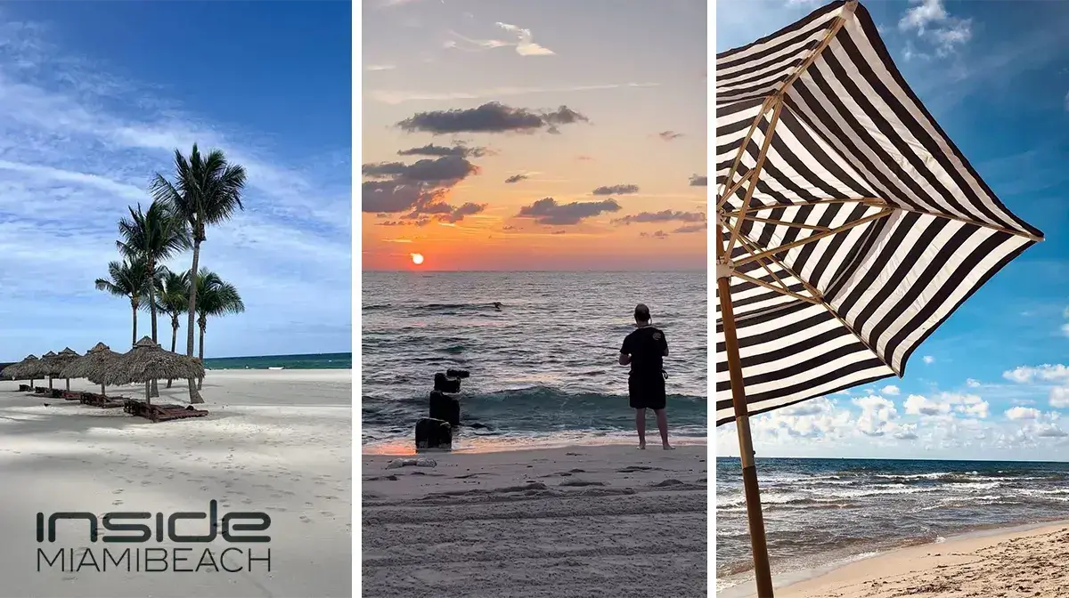 Three Surfside beach scenes: palm trees and cabanas on the sand, a lifeguard watching the sunset, and a striped umbrella by the ocean