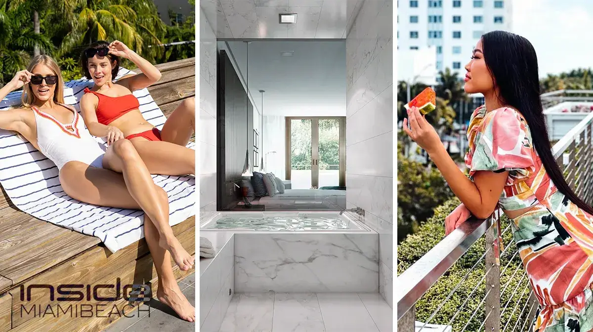 Two women in swimwear relax on a wooden deck with palm trees in the background, and a luxurious marble bathroom with a soaking tub is shown, alongside a woman in a colorful dress enjoying watermelon on a balcony.