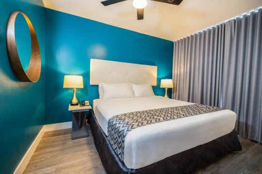 Modern hotel bedroom with a king-size bed, vibrant teal walls, bedside lamps, and a ceiling fan.