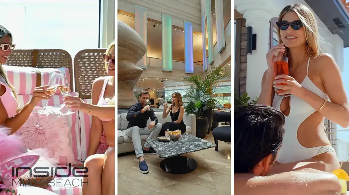 Inside Miami Beach: Stylish people enjoy drinks and luxury poolside in a vibrant, sun-drenched setting.