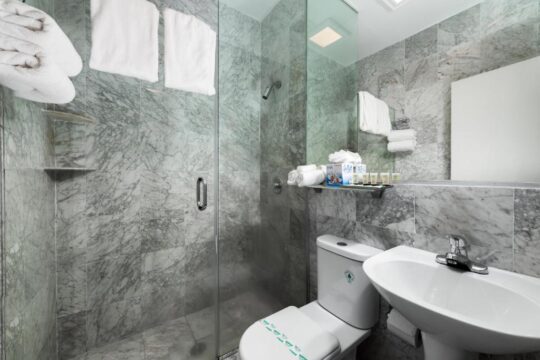 A modern hotel bathroom with marble tile walls, featuring a glass-enclosed shower, a white toilet, and a white sink with a chrome faucet.