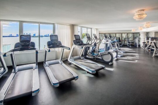 Bright, modern gym with treadmills and ellipticals facing large windows with a water view of a city skyline. Crystal chandeliers add a touch of luxury.