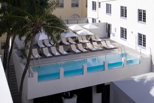 Luxury hotel rooftop pool with clear blue water, surrounded by white lounge chairs and palm trees, overlooking a city skyline.