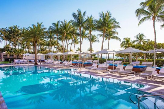 Lush palm trees frame a sparkling blue swimming pool at a luxury resort, with rows of white lounge chairs and umbrellas bathed in bright sunlight. The ocean is visible in the background.