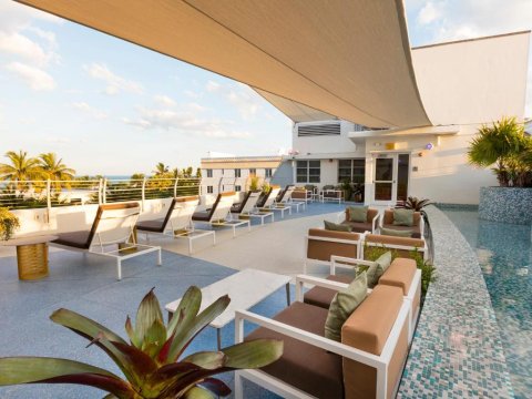 Rooftop pool deck with lounge chairs, umbrellas, and palm trees at a modern hotel, offering ocean views and a vibrant atmosphere.