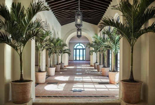 Elegant Mediterranean-style hallway with tall potted palm trees, terracotta pots, arched doorways, and a black wrought-iron chandelier, leading to a grand arched doorway with glass doors overlooking a bright ocean view.