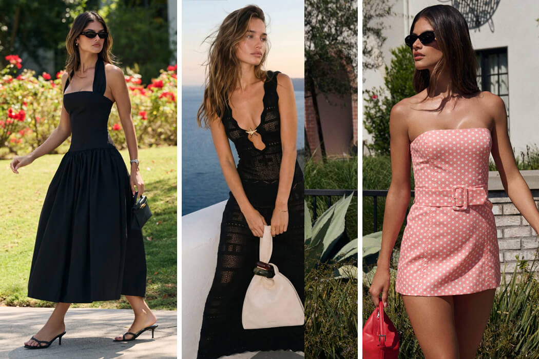 Three women in stylish summer dresses: black halter, black crochet, and pink polka dot