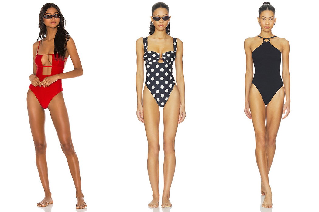 Three women modeling stylish one-piece swimsuits: red cut-out, navy polka dot, and black halter.