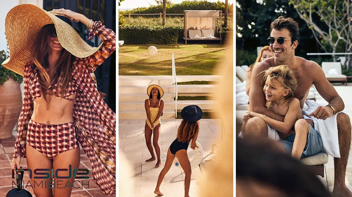 Three North Beach family scenes: a woman in a printed swim cover-up, a family playing beach ball on the lawn, and a father laughing with his child poolside
