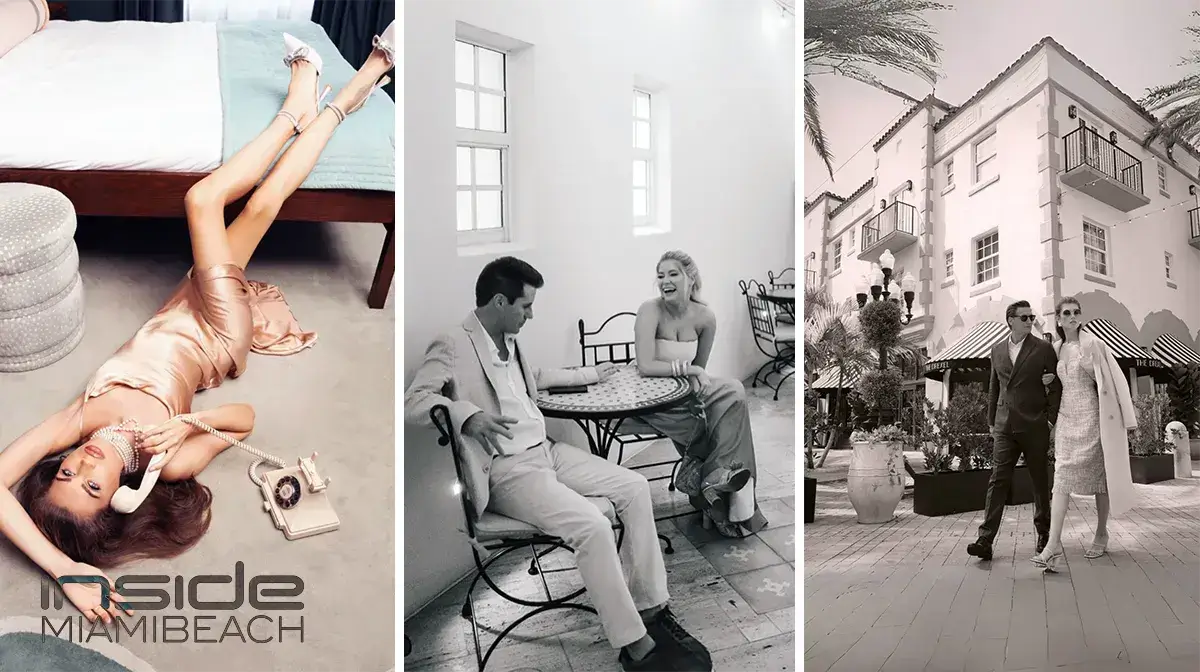 Three-panel black-and-white Esmé Miami Beach spread: a woman in a satin slip dress lying on the floor with a vintage phone, a couple laughing at a café table, and a couple walking past the hotel's Mediterranean Revival facade.