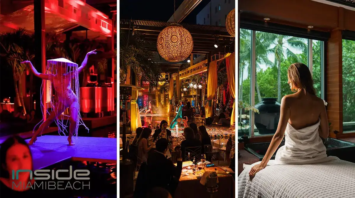 Three scenes at Setai Miami Beach: a fringed performer dancing on stage, guests dining under lanterns, and a woman relaxing in the spa