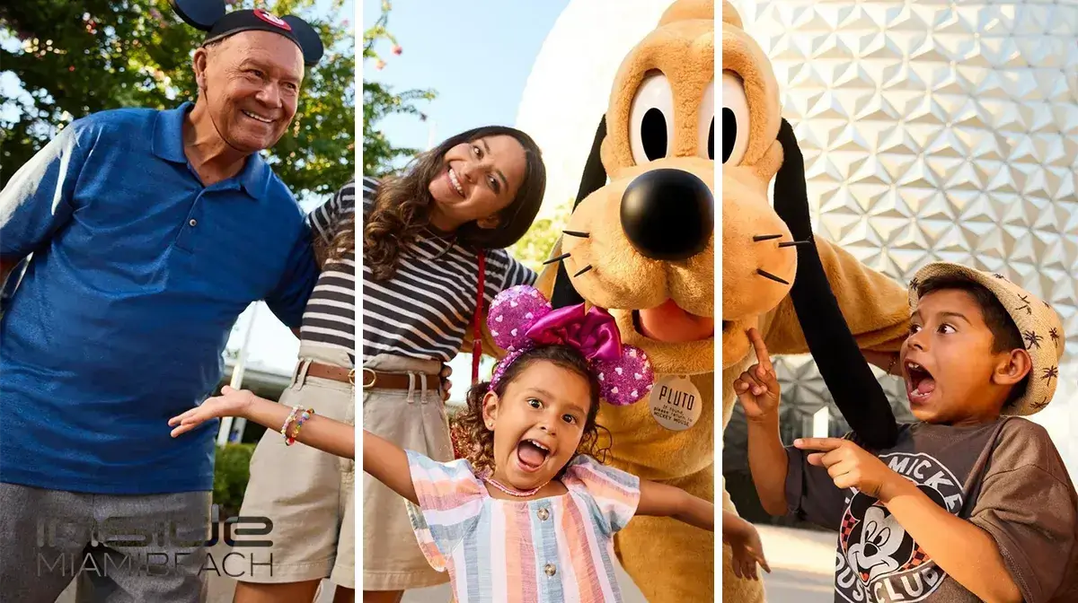 A multi-panel image shows joyful families and Pluto at Disney World. The first panel features an older man in a Mickey Mouse hat smiling. The second panel shows two young girls, one wearing a Minnie Mouse headband, laughing. The third panel features Pluto posing. The fourth panel shows a young boy pointing excitedly in front of Spaceship Earth at Epcot.