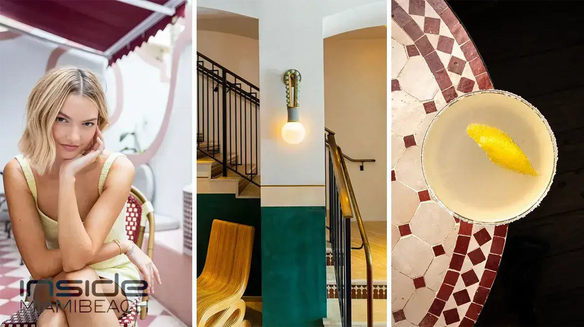 Three-panel Esmé Miami Beach spread: woman in a yellow dress under a striped awning, a curved staircase with teal wainscoting and a wooden sculptural chair, and an overhead shot of a citrus cocktail on mosaic tile.