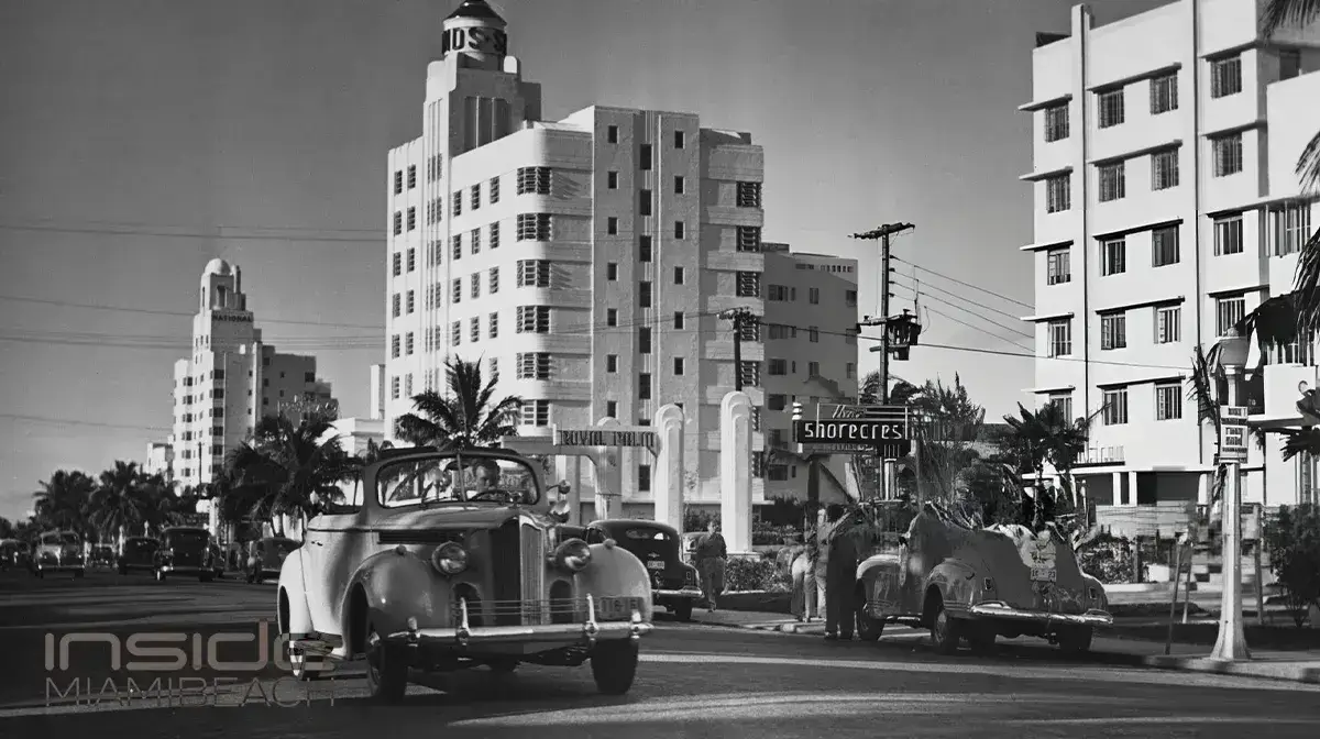 The National, Royal Palm, New Yorker and Shorecrest hotels in the art deco district of Miami Beach