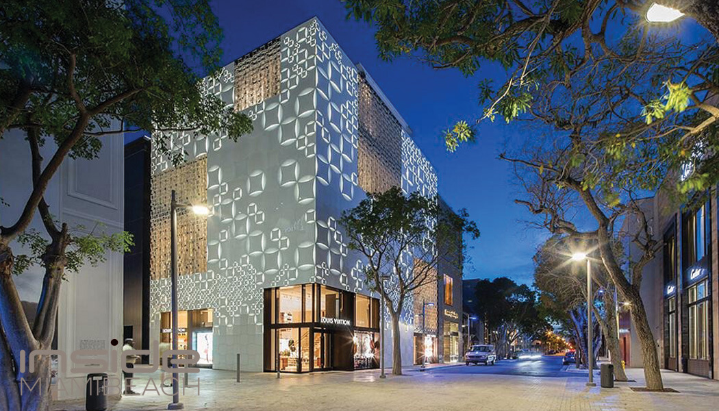 Louis Vuitton store illuminated at night in Miami's Art and Design District