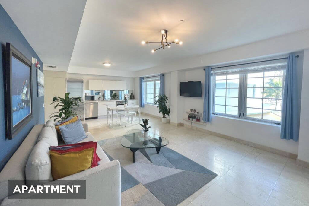 View of the stylish interior of the Ocean Drive Beachside Gem apartment, offering direct access to the beautiful beaches of South Beach