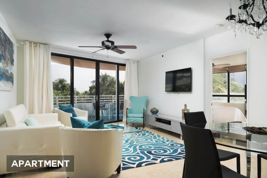 Interior of the Seaside Serenity apartment, featuring elegant decor, located in the south area of Collins Ave in South Beach