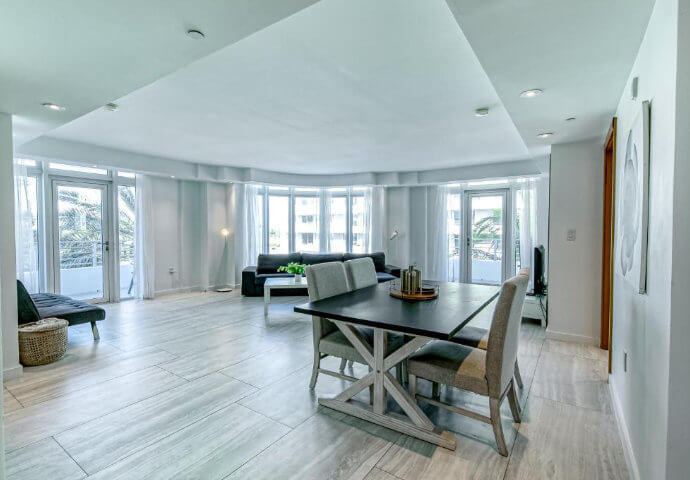 The cozy and elegant living space of the South Beach Central Suite, situated in the heart of Ocean Drive